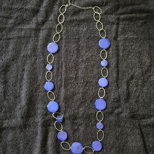 Long Blue Disc Beaded Necklace - Silver Tone Chain